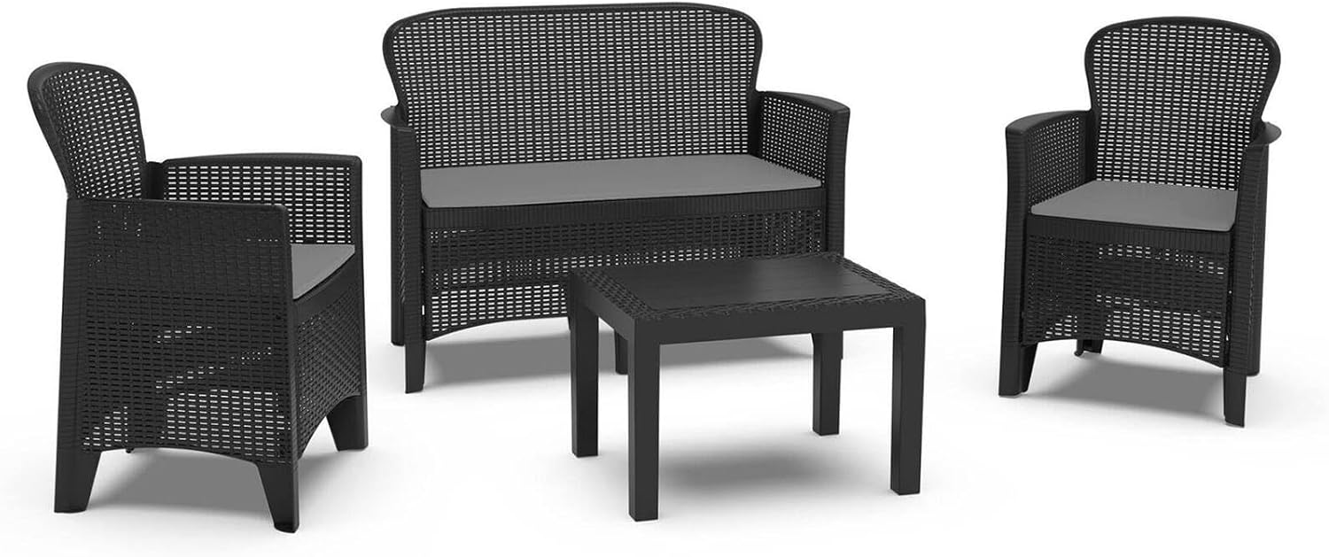 Dmora - Ostuni outdoor lounge set, Garden lounge set consisting of 2 armchairs, 1 sofa and 1 coffee table, rattan effect lounge with cushions, 100% Made in Italy, Anthracite - Image 2