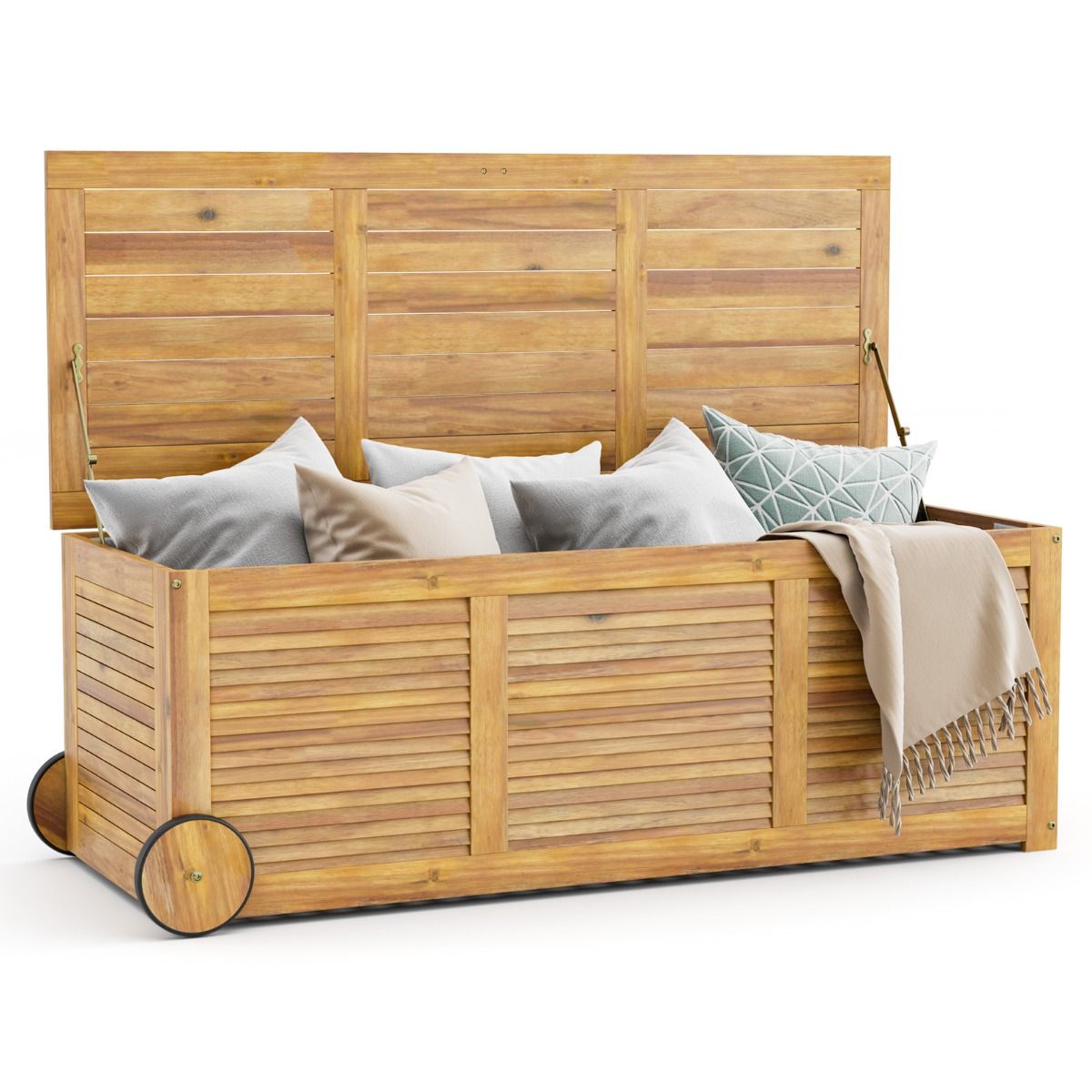 182L Acacia Wood Storage Chest Metal Hinge Outdoor Storage Bench on Wheels for Garden Patio - - Image 3