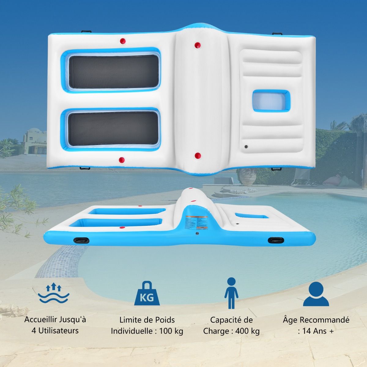Inflatable Pool Island for 4 People with Pump Cooler Cup Holder 360 x 197 x 66cm - - Image 7