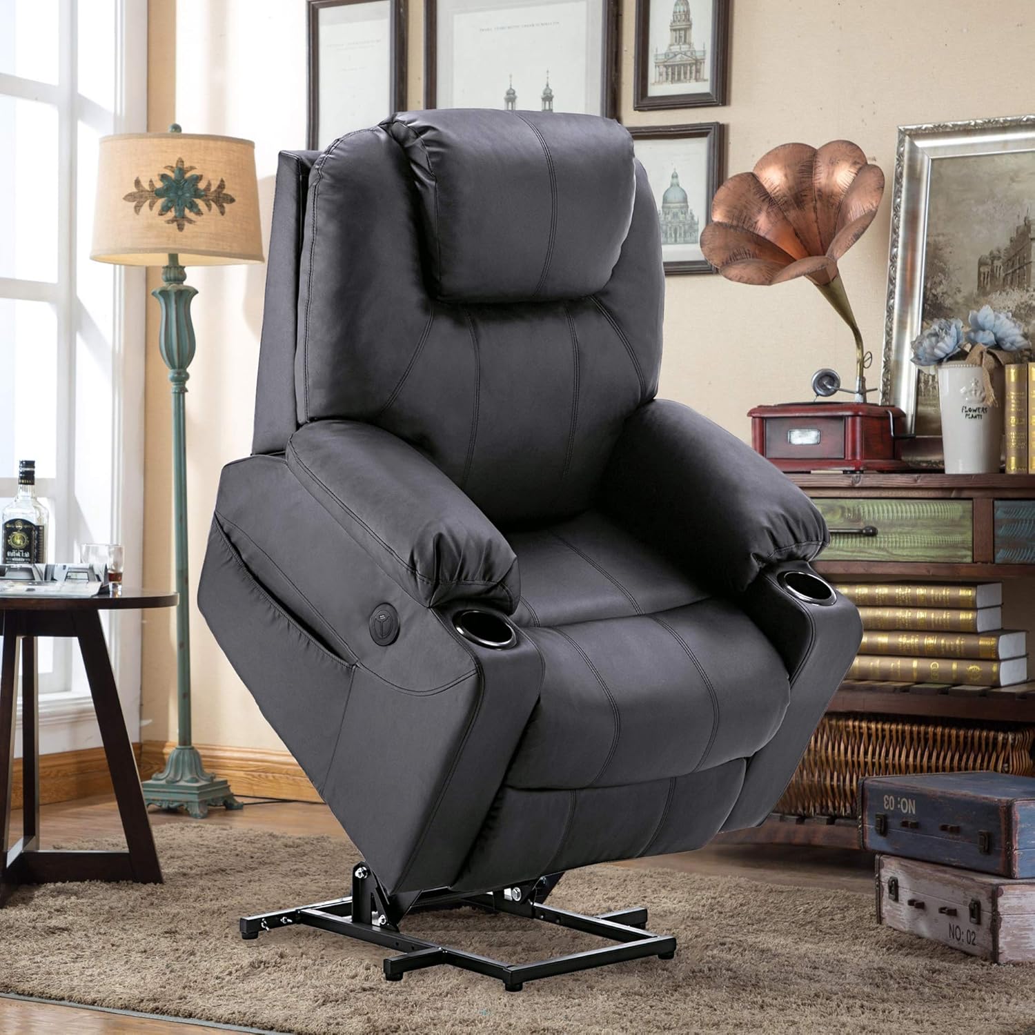 MCombo electric tie-down aid, TV armchair, Relaxing armchair, Massage, Heating, Electrically adjustable USB connection, Faux leather, Black - Image 2