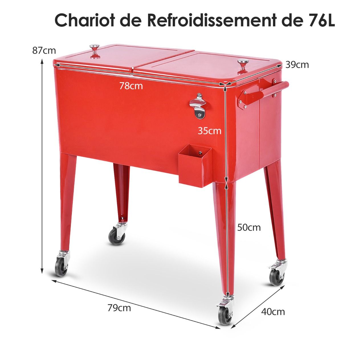76L Rolling Insulated Refrigerant Trolley with Universal Wheels Bottle Opener Garden Trolley for Storing Ice and Drinks - - Image 13