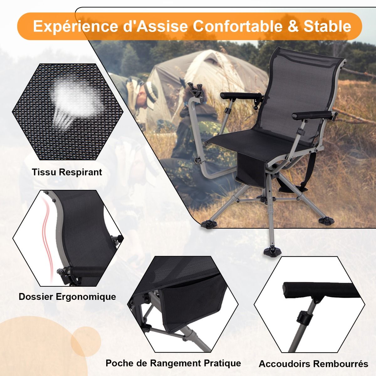 Portable Hunting Chair Shooting Chair with Adjustable Folding Seat 360° Rotation Adjustable Rifle Support Load 150 kg Black - - Image 4