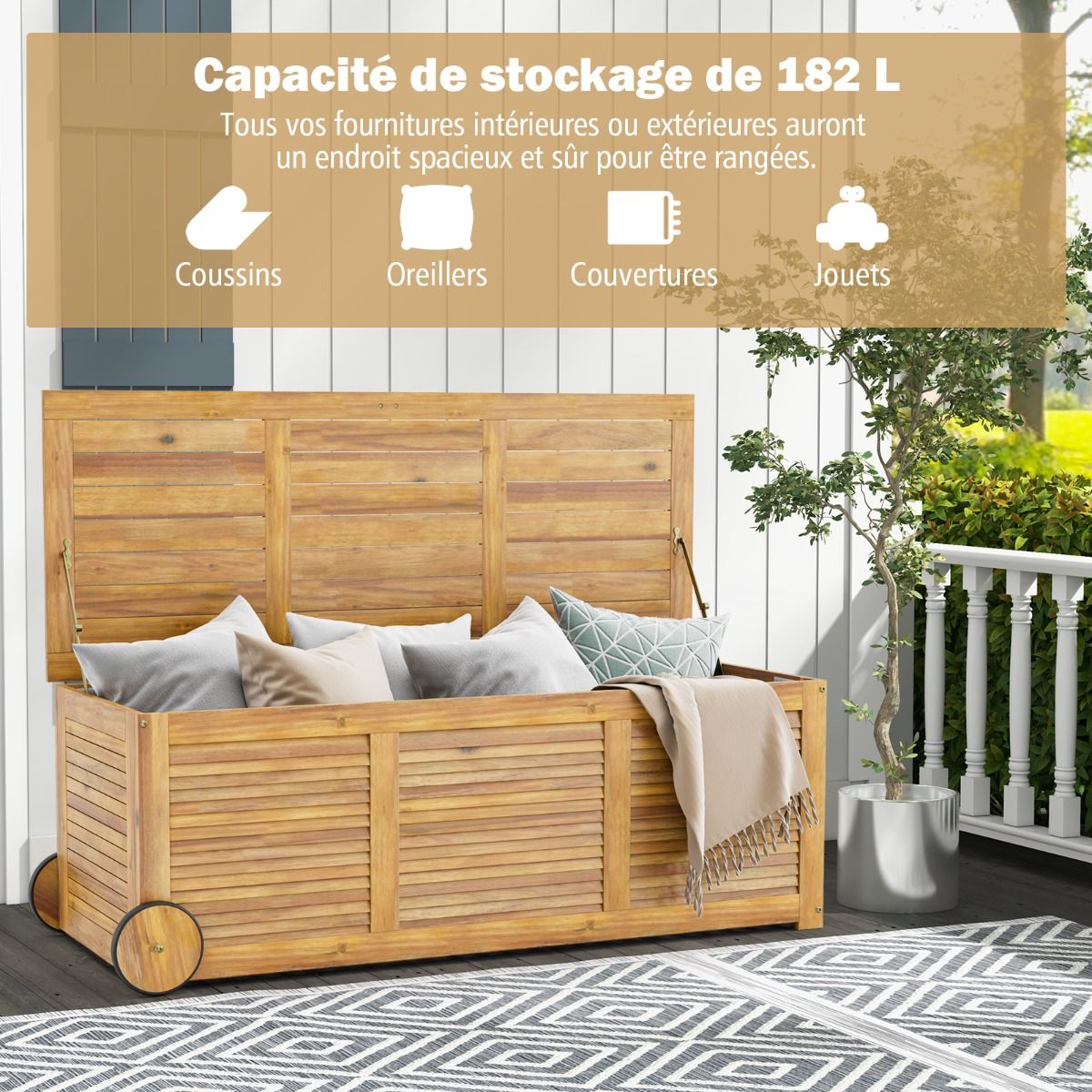 182L Acacia Wood Storage Chest Metal Hinge Outdoor Storage Bench on Wheels for Garden Patio - - Image 9