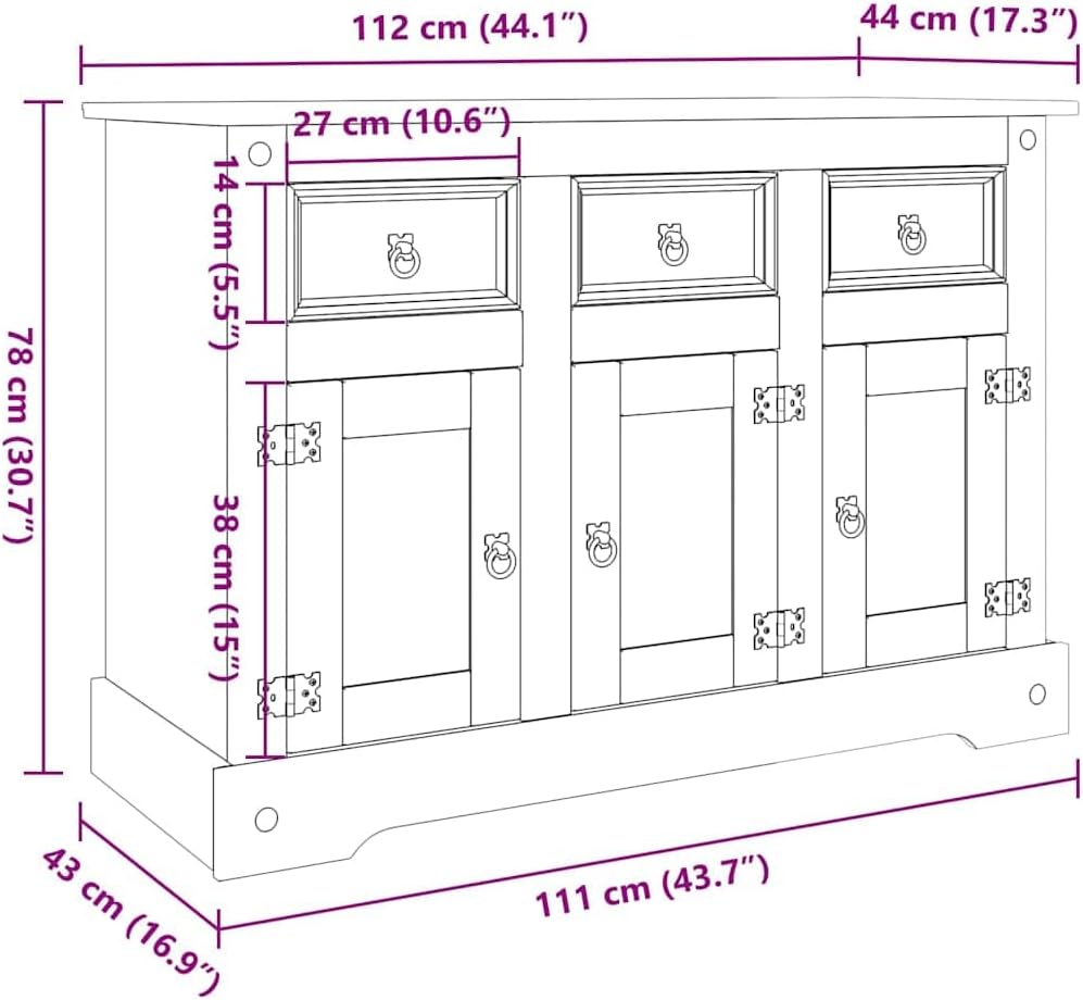 vidaXL Buffet Corona Marron 112x44x78 cm Bois Massif pin Mexicain, Meuble de Rangement, Meuble de Rangement de Cuisine, Meuble de Rangement de Salon - Image 3