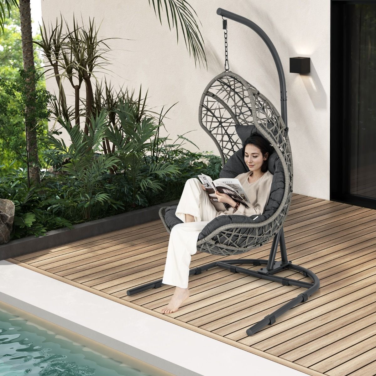 PE Rattan Egg Chair with Support with Pillow and Cushion Hanging Chair with Suspension Accessories Capacity 160 Kg Gray -