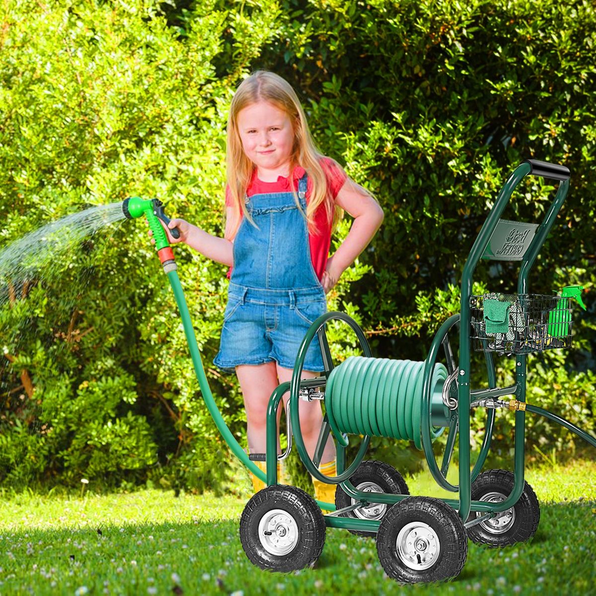 Watering Hose Reel with 4 Wheels Trolley for 1.7m of Watering Hose Basket, 95x62x113cm, Green - - Image 2