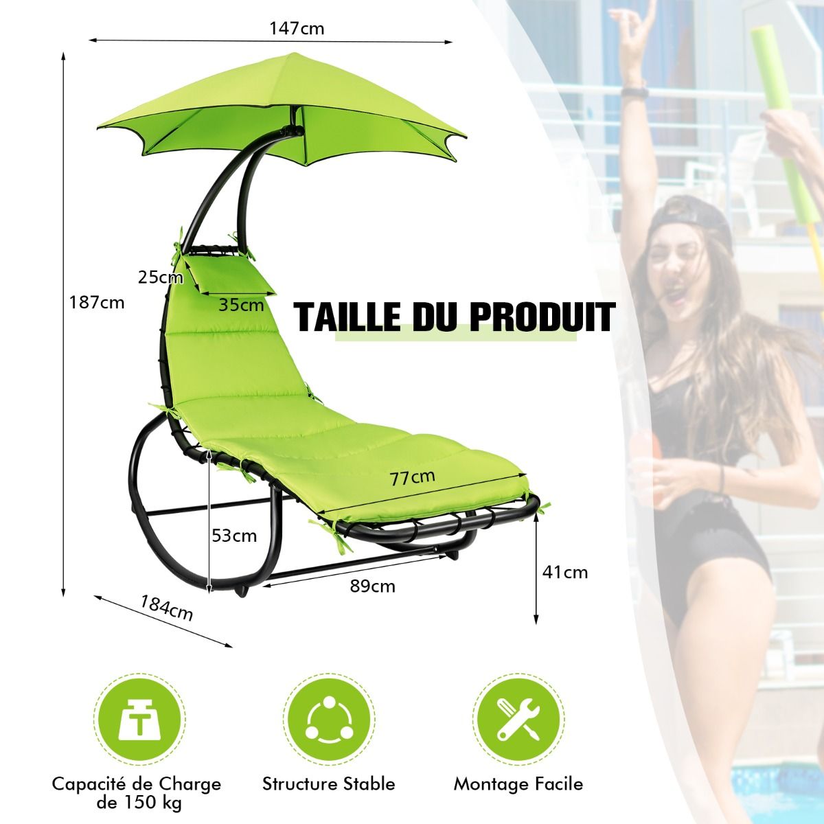 Rocking Sun Lounger Hanging Sun Lounger with Sun Shade & Hammock Cushion Load 150KG 184 cm x 147 cm x 187 cm Green - - Image 9