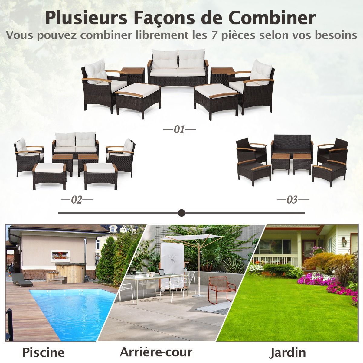 7 Piece PE Rattan Patio Sofa Set with Seat and Back Cushions 2 Ottomans 2 Coffee Tables Table Top - - Image 7