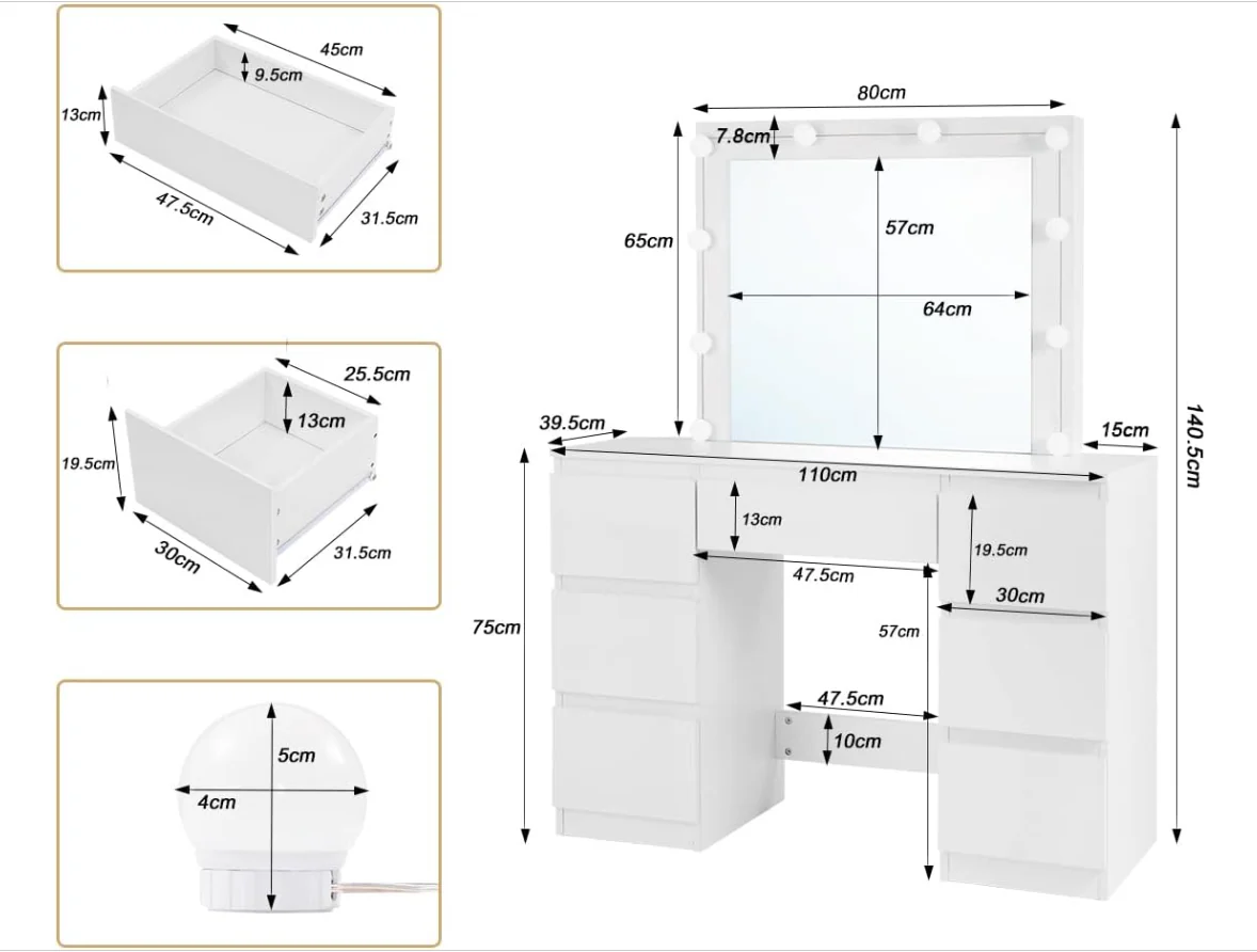 White Dressing Table with LED Mirror - 7 Drawers - - Image 5