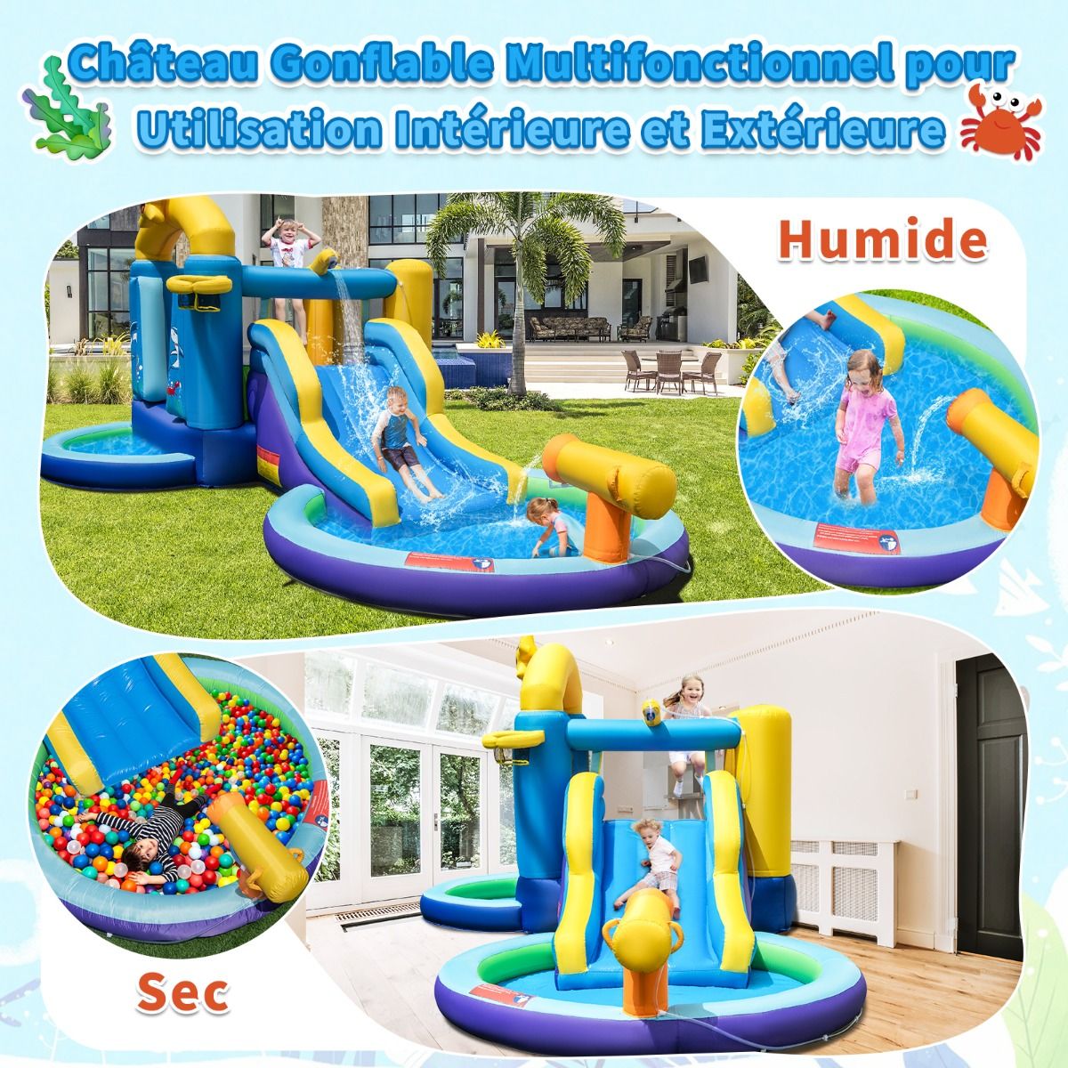 Ocan 6 in 1 Inflatable Castle with 680W Blower Water Slide & 2 Pools Inflatable Bounce House Load 90kg - - Image 9