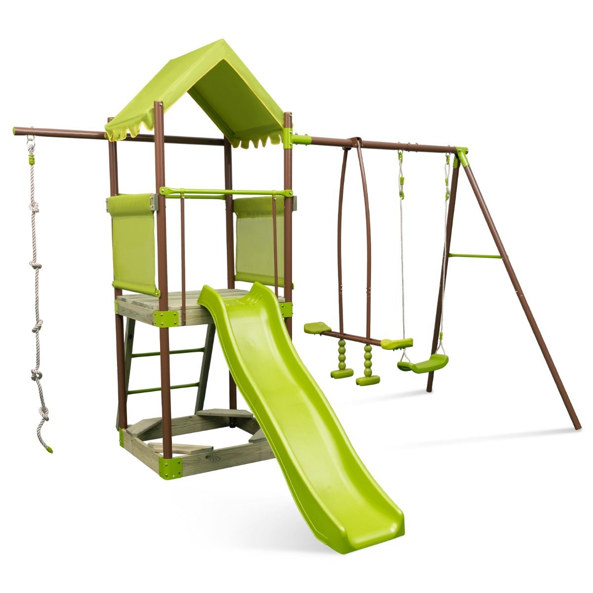 7-in-1 Swing Metal Playground with Covered Fort Height Adjustable Climbing Rope Sandbox Slider Corrugated Slide Green - - Image 2