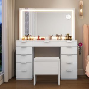 YITAHOME Large Dressing Table with Adjustable LED Lighting and Electrical Sockets, Dressing Table with Mirror, Clear Glass Roof, 11 Drawers and Stool, White