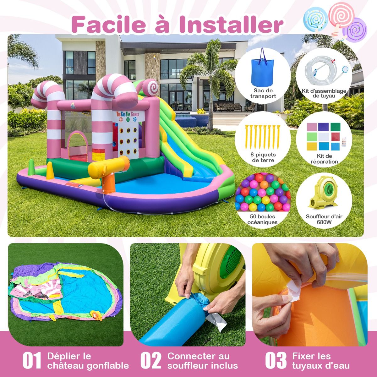 9 in 1 Inflatable Candy Shaped Castle with Slide Inflatable Jumping House with Water Gun Load 90kg for 2 Children Ages 3-10 - - Image 9