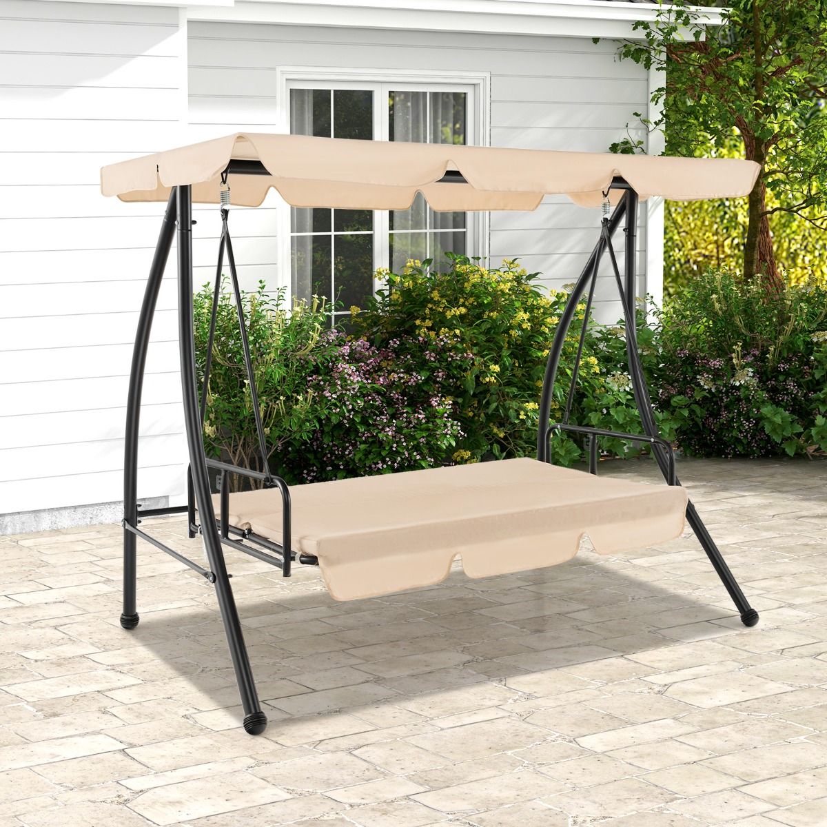 2-Seater Convertible Outdoor Swing with Flat Bed Terrace Hammock with Adjustable Awning and Removable Cushion for Garden - - Image 3