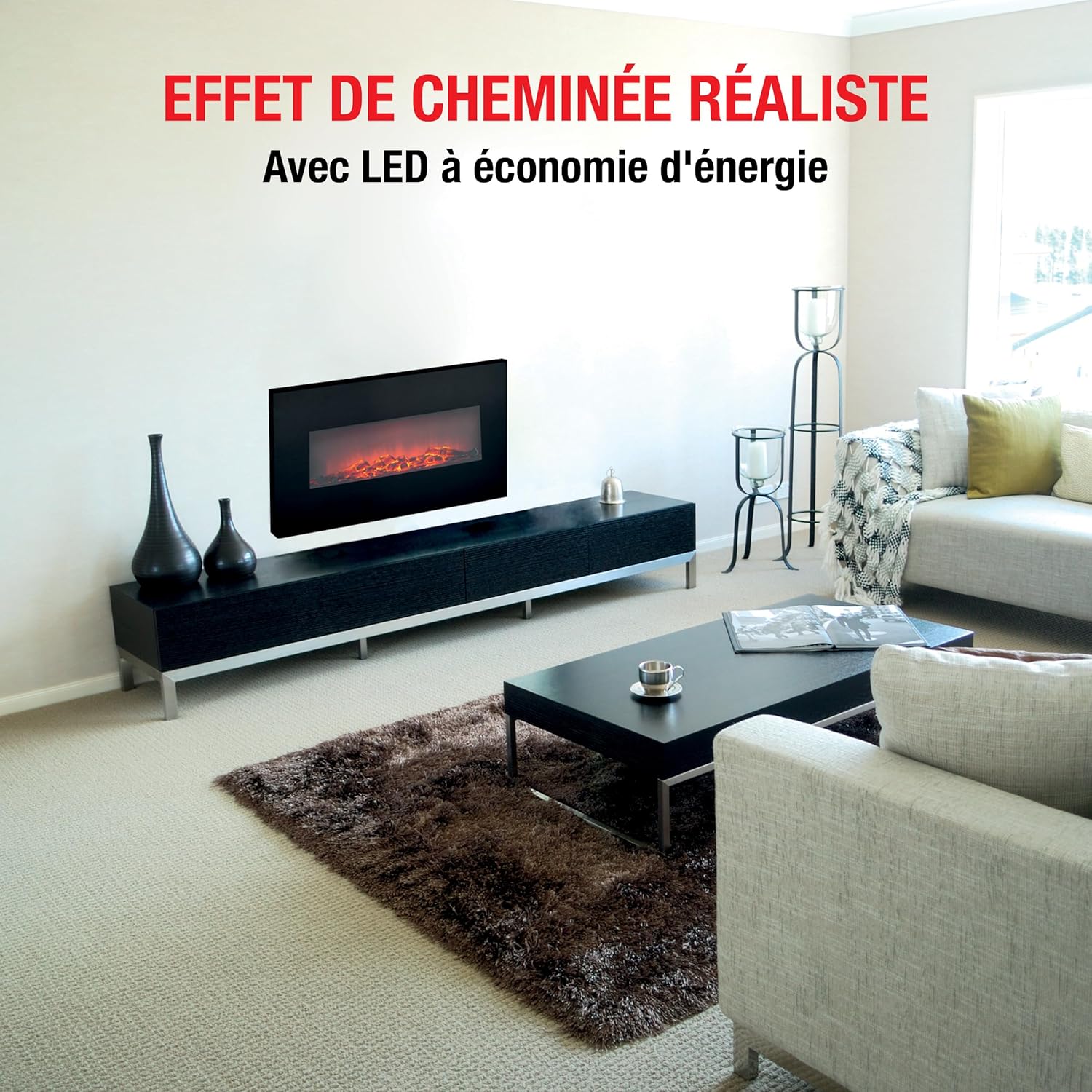 Classic Fire Electric Fireplace Memphis - Decorative Fireplace 1800W - Electric Fireplace with Flame Effect, Heating, Remote Control and Timer - Wall Mounting - Black - Image 5