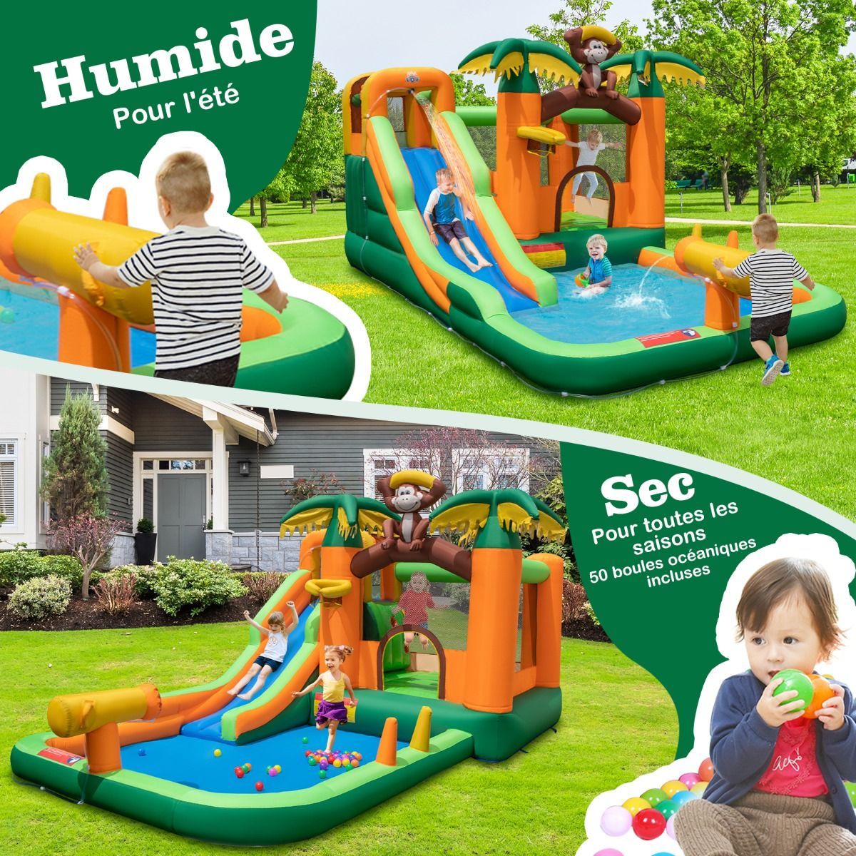 7 in 1 Tropical Inflatable Castle Monkey & Palm Tree Theme with Water Slide with Pool & 50 Balls Load 90kg for 2 Children Aged 3-10 - - Image 6