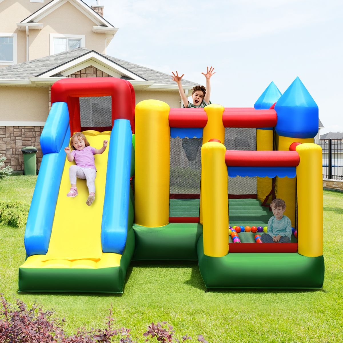 4 in 1 Inflatable Castle for Children 3-10 Years Old with Slide Jumping Area Climbing Wall Basketball Hoop - - Image 2
