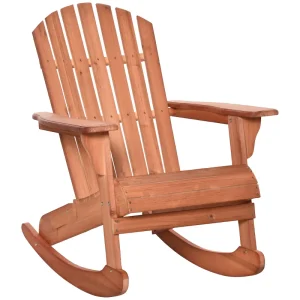 Adirondack Muskoka wooden rocking chair with wooden slat design, fan-shaped back and classic rustic style, teak -