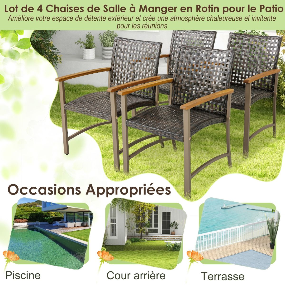 Set of 4 Rattan Chairs for Outdoors Chairs with Acacia Wood Armrests Robust Metal Frame Ergonomic Chairs - - Image 8