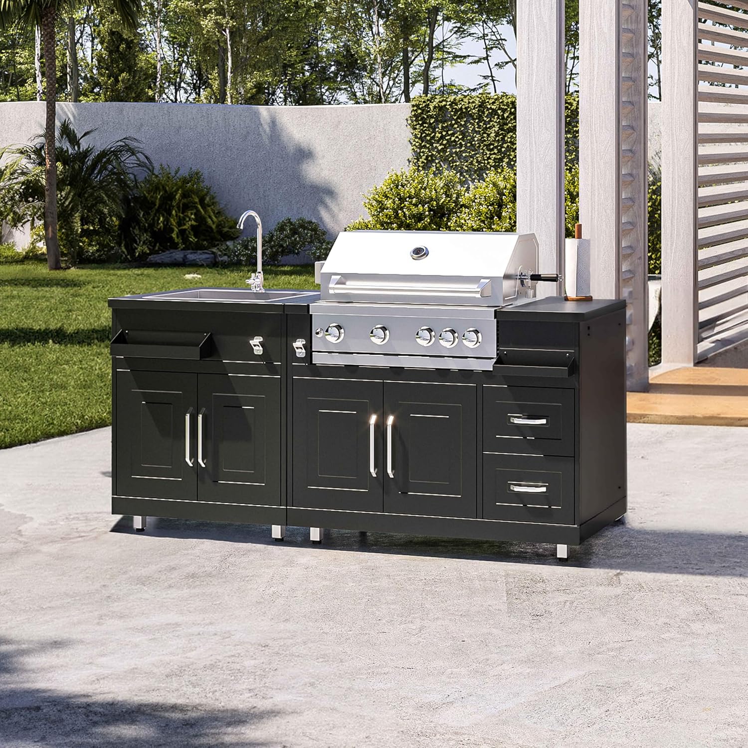 Outdoor metal kitchen with barbecue sink and storage - Image 2