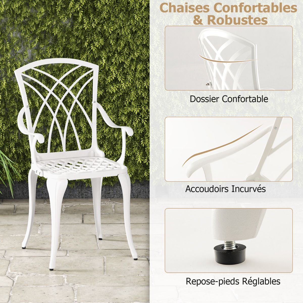 5 Pcs Cast Aluminum Garden Furniture Parasol Hole Adjustable Footrest Round Table Set and 4 Chairs White - - Image 4