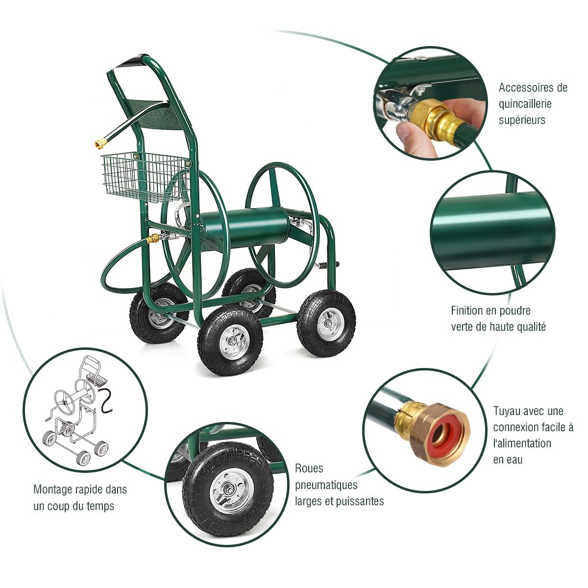 Watering Hose Reel with 4 Wheels Trolley for 1.7m of Watering Hose Basket, 95x62x113cm, Green - - Image 9