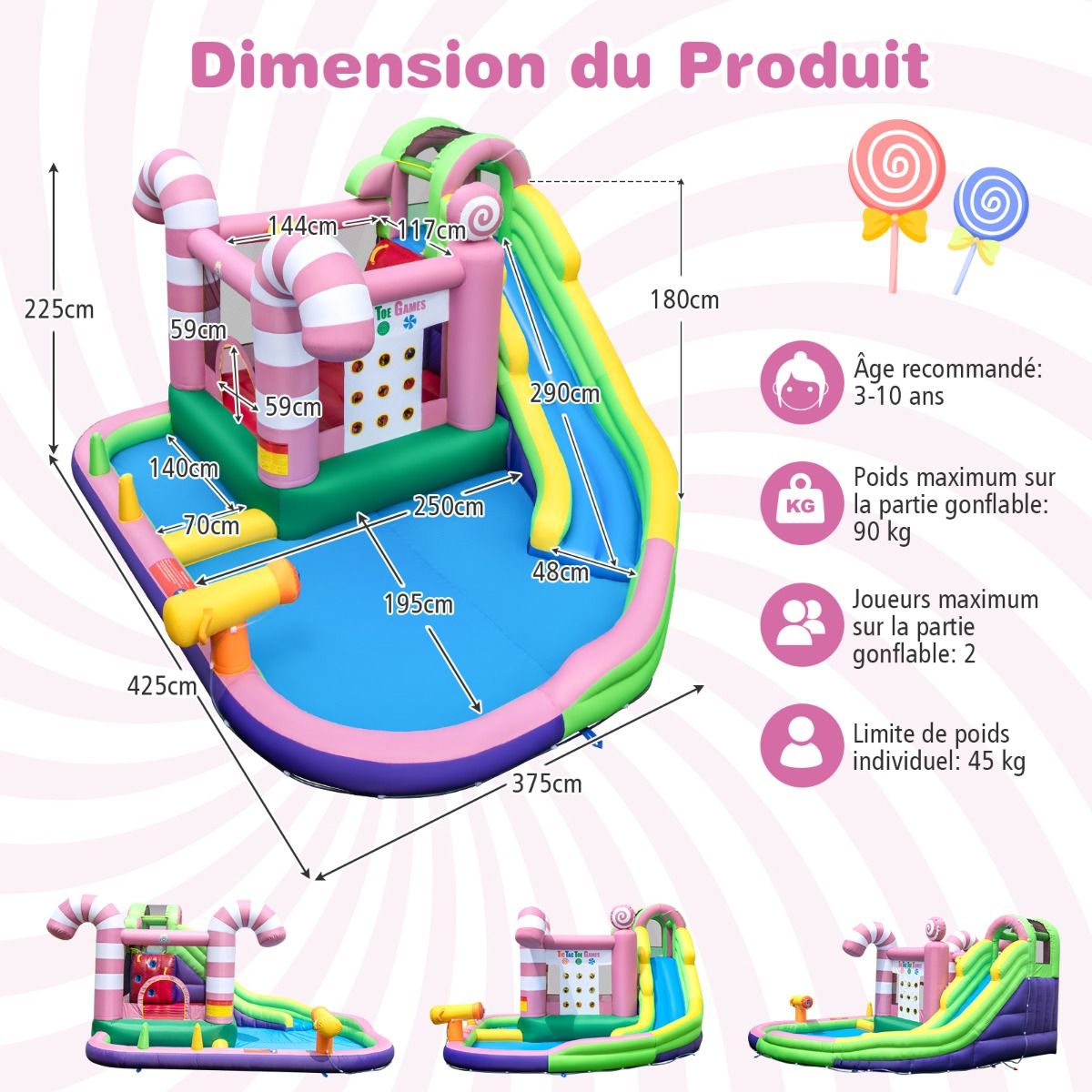 9 in 1 Inflatable Candy Shaped Castle with Slide Inflatable Jumping House with Water Gun Load 90kg for 2 Children Ages 3-10 - - Image 10