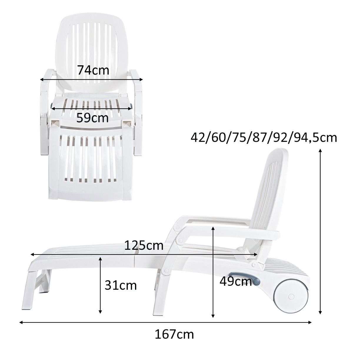 5 Position Adjustable Reclining Lounge Chair with Flexible Wheels Camping Relax Armchair with Storage Box Load 150KG White - - Image 12