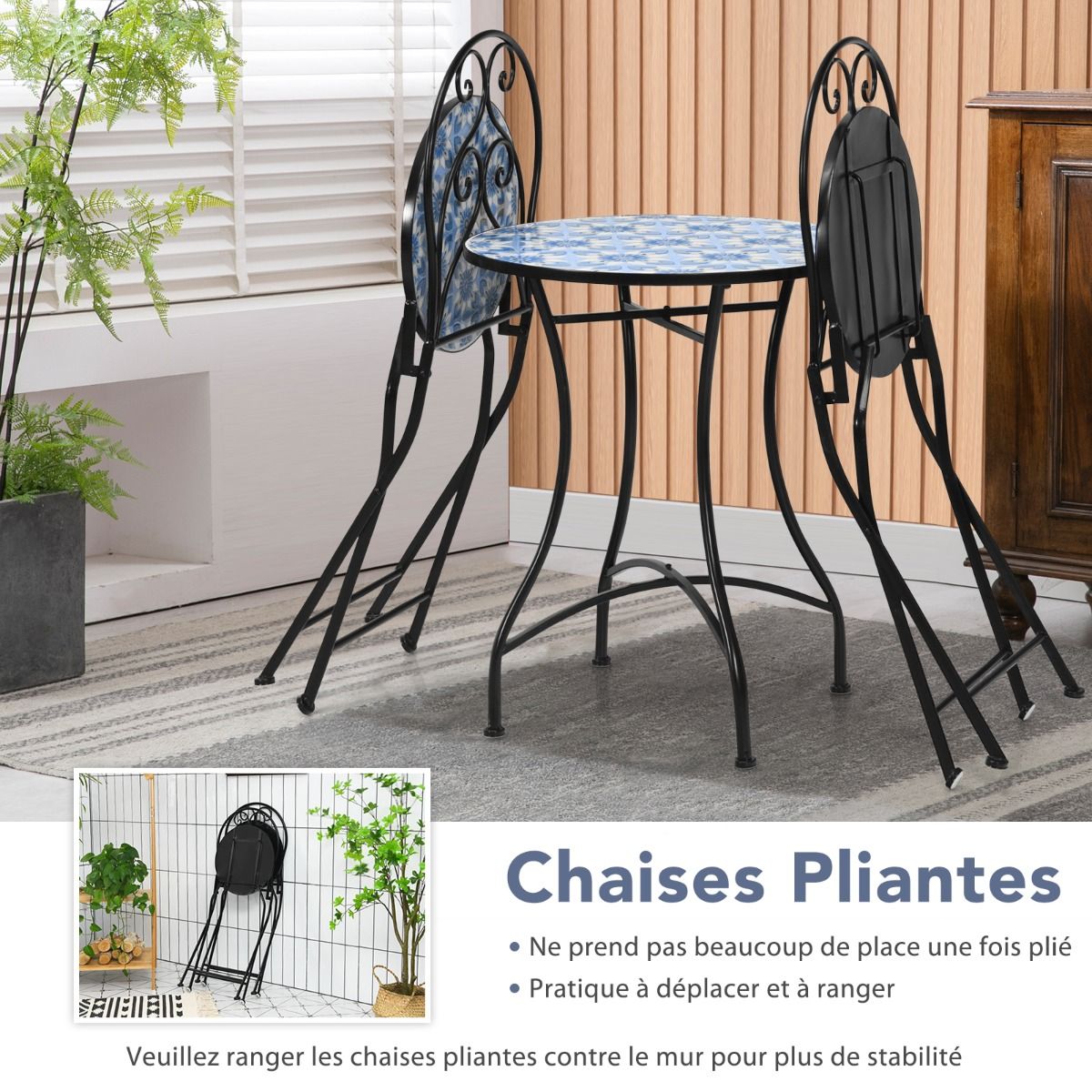 Set of Table and 2 Folding Bistro Chairs for 2 People Design Mosaic Tiles Glued on Cement for Terrace - - Image 4