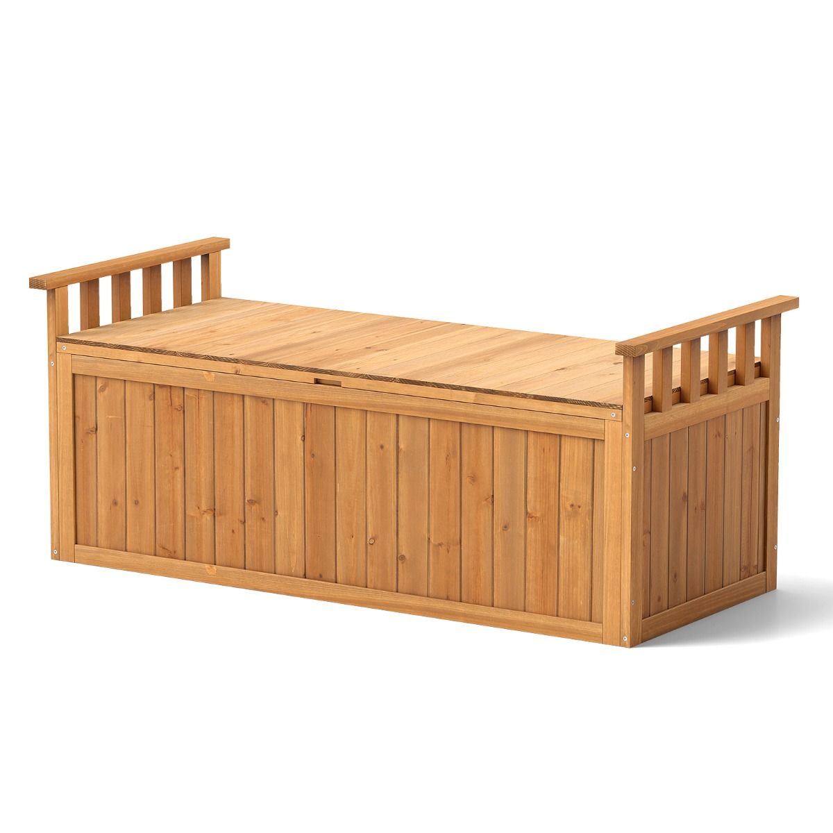 Wooden Storage Bench 209 L 2-Seater Outdoor Bench with Armrests Wooden Storage Box Load 100KG Natural - - Image 3