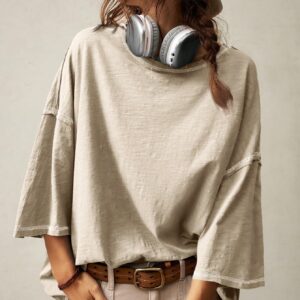Bohemela Casual Solid Color Knit Round Neck 3/4 Sleeve Loose Washed T-Shirt Boho
