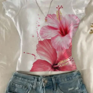 Attitoon Women Summer Floral/Hawaiian Print Short Sleeve Fitted T-Shirt Floral Top Tropical Top Suitable For Going Out