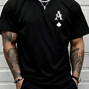 1 Pc Men's Clothing Ace Of Spades Printed Black Tshirt, Graphic Tee, Summer Tops, Shirt, Unisex Casual Crew Neck Tshirt, Plus Size Men's 5XL, Lightweight 220 G/M² Knitted Fabric, Machine Washable, Suitable For Spring/Summer/Autumn Wear, Christmas, Valentine's Day, New Year