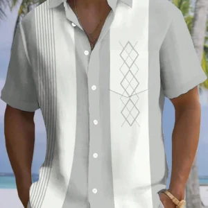 Vintage Geometric Pattern Bowling Shirt With Button Pocket Short Sleeve Shirts For Men