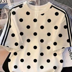 Striped & Polka Dot Classic Contrast Color Office , Women's Casual Round Neck Short Sleeve Minimalist T-Shirt Summer