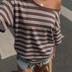 Muchica Women's Retro Brown Stripe Off-Shoulder Loose Short Sleeve T-Shirt,Summer Casual Everyday Fashion,Elegant Y2K Style,Perfect For Vacation&