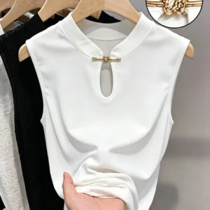 Franclia Metal Buckle, Butterfly Machine, New Chinese Style, Fitted, Stand Collar T-Shirt