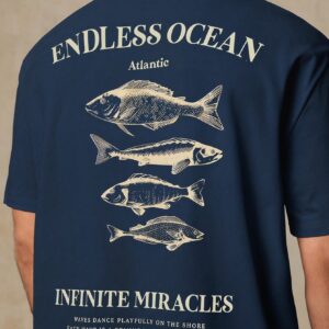 HIMLAND Men's Casual Round Neck Short Sleeve T-Shirt With Fish & Letter Print On Back, Vacation, Father's Day Gifts