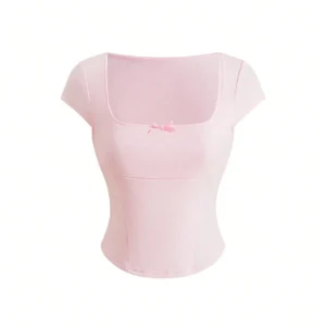 Sweetness Y2K Vintage Sweet Hot Girl Deep U-Neck Waist-Cinched Elastic Top Women's T-Shirt, Suitable For Valentine's Day, Dating, Vacation And More