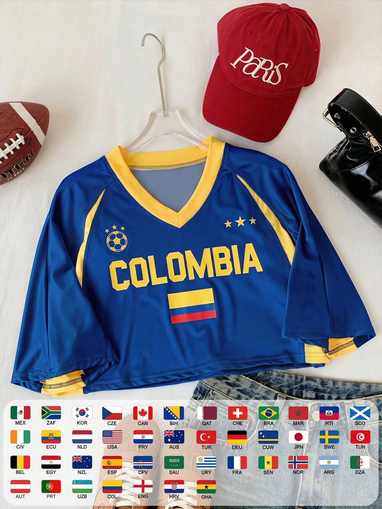 Comfortcana Women's Summer Short Sleeve V-Neck Colombia National Football Team Jersey Top, Contrast Color Letter Print Casual Cropped Top, Raglan Sleeve Knit Sweater, Retro, Preppy, Classic, Fashion, Youthful And Street Style. Smooth And Comfortable Fabric, Ideal For Match Day. 2026 World Cup Sports Fashion Match Day Football Street Style Jersey