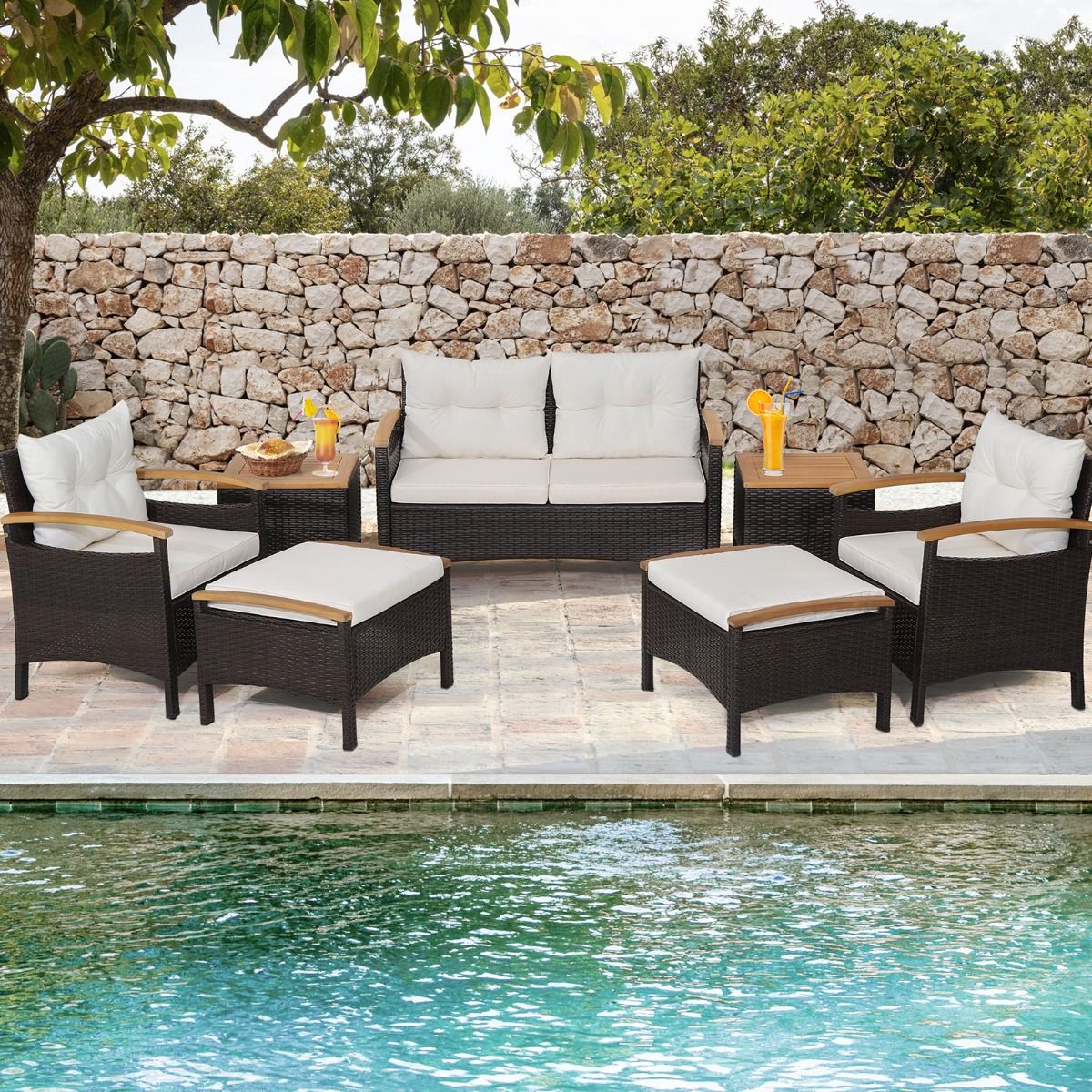 7 Piece PE Rattan Patio Sofa Set with Seat and Back Cushions 2 Ottomans 2 Coffee Tables Table Top - - Image 2