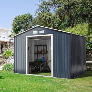 Metal Garden Shed 5.29 銕77 x 191 x 202 cm with 2 Lockable Sliding Doors 4 Gray Ventilation Holes for Bicycle -