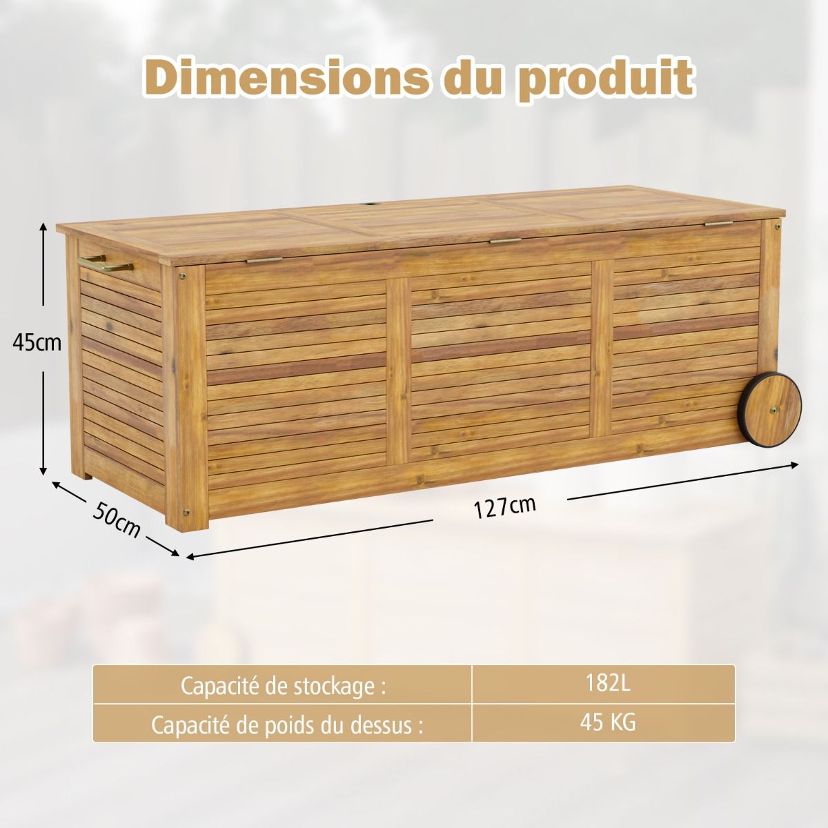 182L Acacia Wood Storage Chest Metal Hinge Outdoor Storage Bench on Wheels for Garden Patio - - Image 10