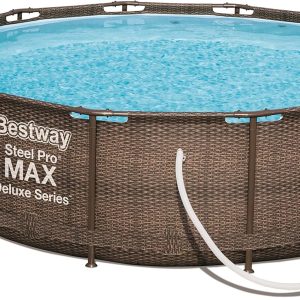 Power Steel Deluxe Piscine tubulaire ronde avec cadre en acier solide Kit complet Aspect rotin 366 x 100 cm,Marron