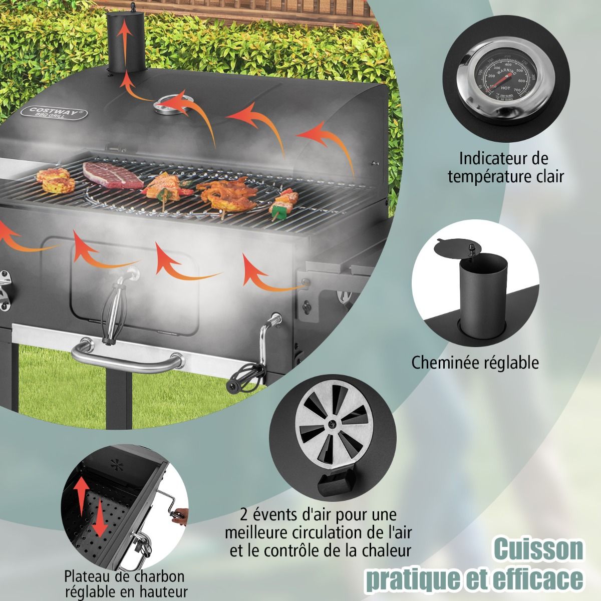 Portable Charcoal Barbecue with 2 Side Tables Black - - Image 5
