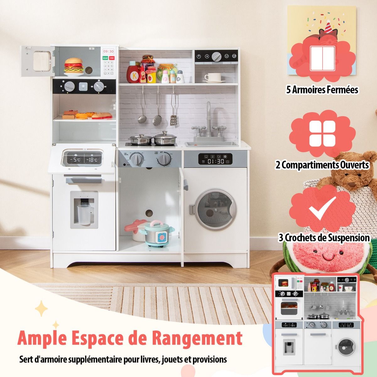 Play Kitchen for Ages 3 and Up Wooden Kitchen Toys with Sink Faucet Water Dispenser Microwave Oven Utensils White - - Image 6