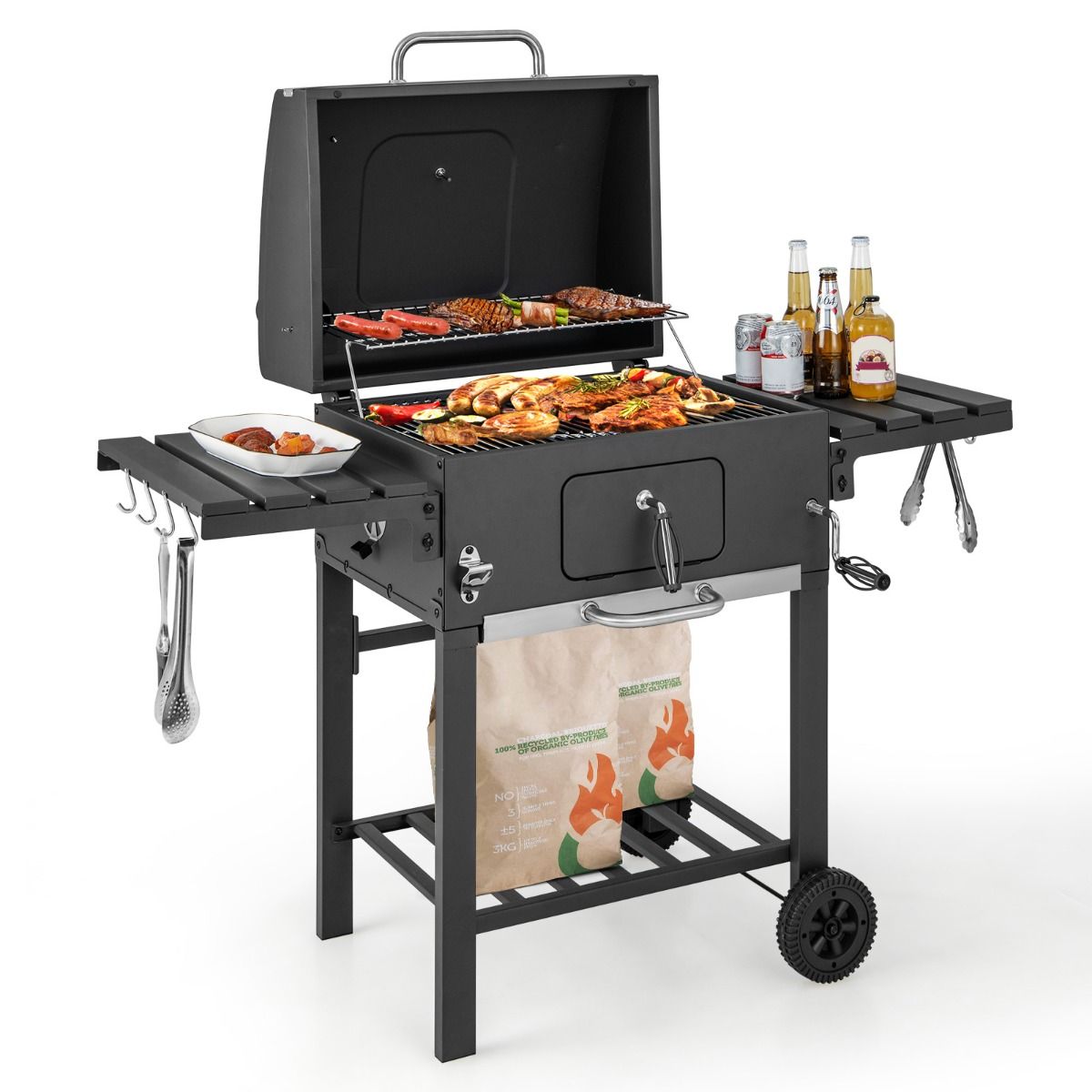 Portable Charcoal Barbecue with 2 Side Tables Black - - Image 3