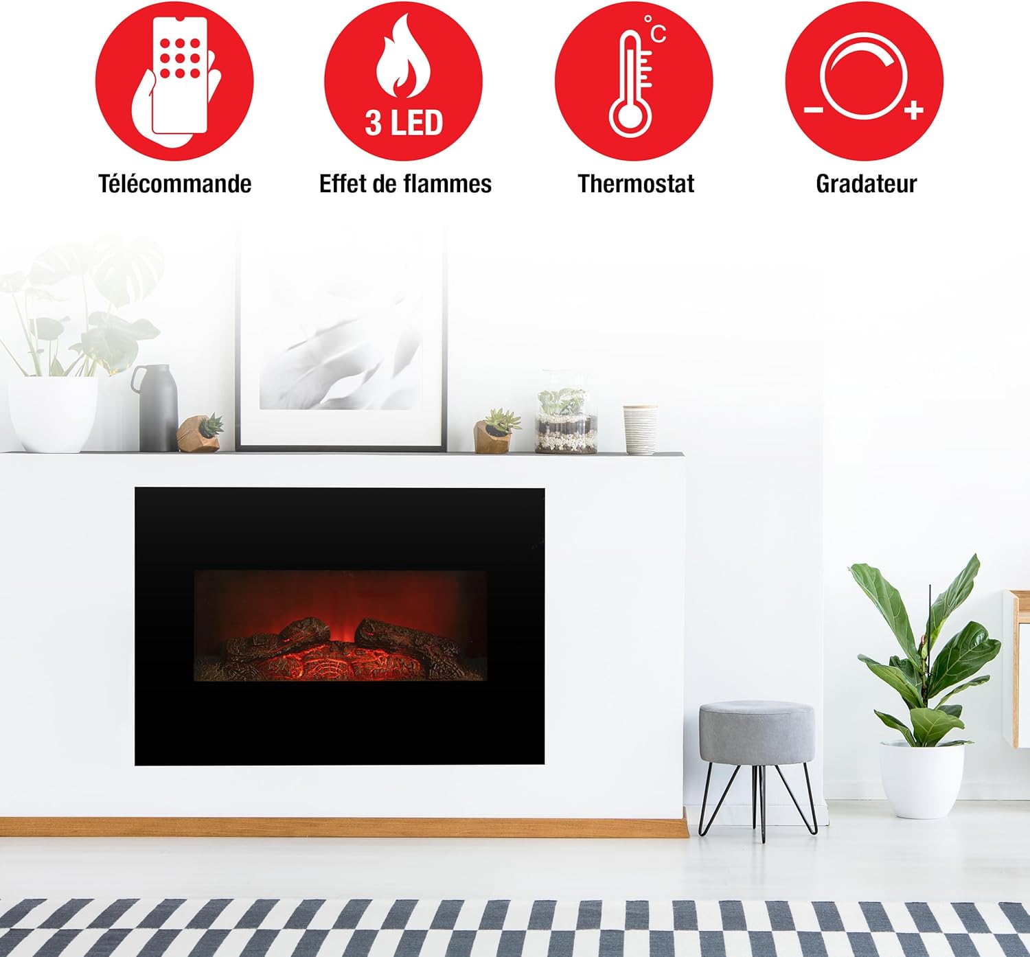 Classic Fire Electric Fireplace Memphis - Decorative Fireplace 1800W - Electric Fireplace with Flame Effect, Heating, Remote Control and Timer - Wall Mounting - Black - Image 3