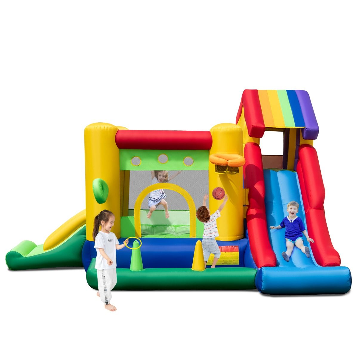7 in 1 Rainbow Theme Inflatable Castle with Fan Double Slides Pool Balls Basketball Hoop Load 90kg - - Image 3