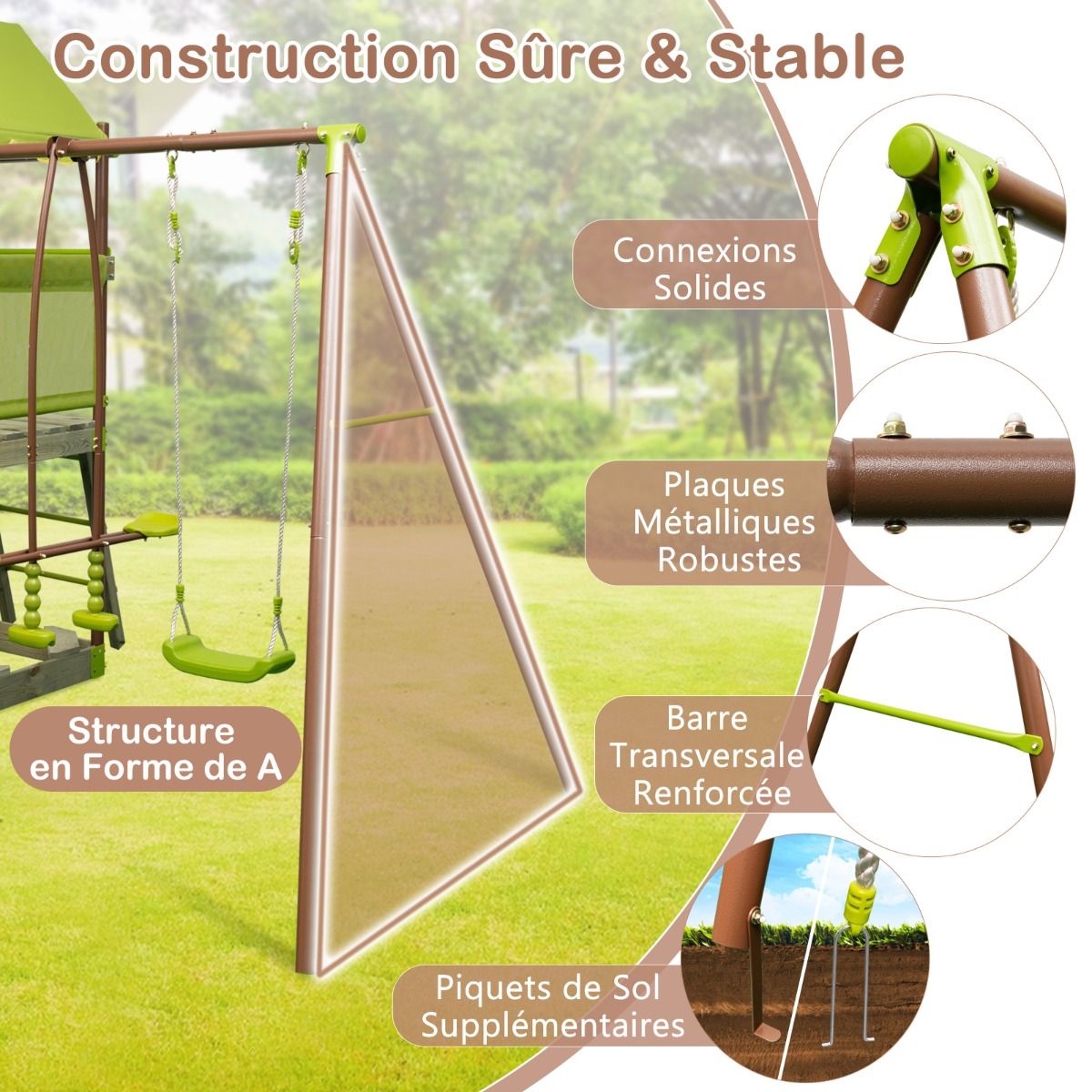 7-in-1 Swing Metal Playground with Covered Fort Height Adjustable Climbing Rope Sandbox Slider Corrugated Slide Green - - Image 3
